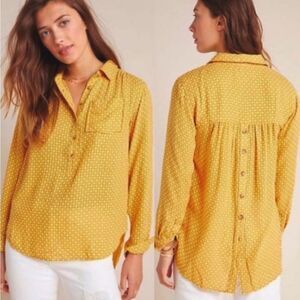 Anthropologie Isadora Long Sleeve Button Back Embroidered Top Mustard Wool